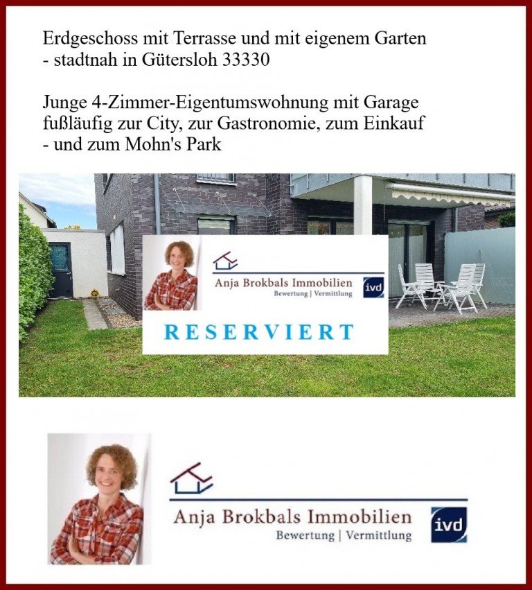 02.602.RESERVIERT G�tersloh Wohnung EG mit Garten und Garage__fu�l�ufig zum Park und zum Einkauf_provisionsfrei f�r K�ufer in 33330 G�tersloh