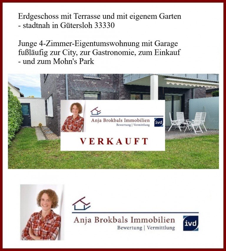 02.602.VERKAUFT G�tersloh Wohnung EG mit Garten und Garage__fu�l�ufig zum Park und zum Einkauf_provisionsfrei f�r K�ufer in 33330 G�tersloh