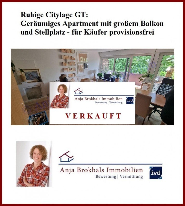 02.557.VERKAUFT G�tersloh Wohnung Ruhige Citylage GT: Ger�umiges Apartment mit gro�em Balkon und Stellplatz - f�r K�ufer provisionsfrei
