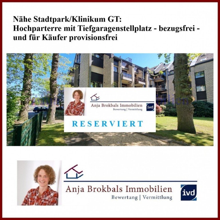 02.592.RESERVIERT G�tersloh Wohnung N�he Stadtpark/Klinikum GT: Hochparterre mit Tiefgaragenstellplatz - bezugsfrei - f�r K�ufer provisionsfrei